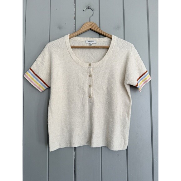Madewell Henley Sweater Tee S Small Rainbow Stripe Boxy Retro Vintage Parchment - Picture 1 of 5